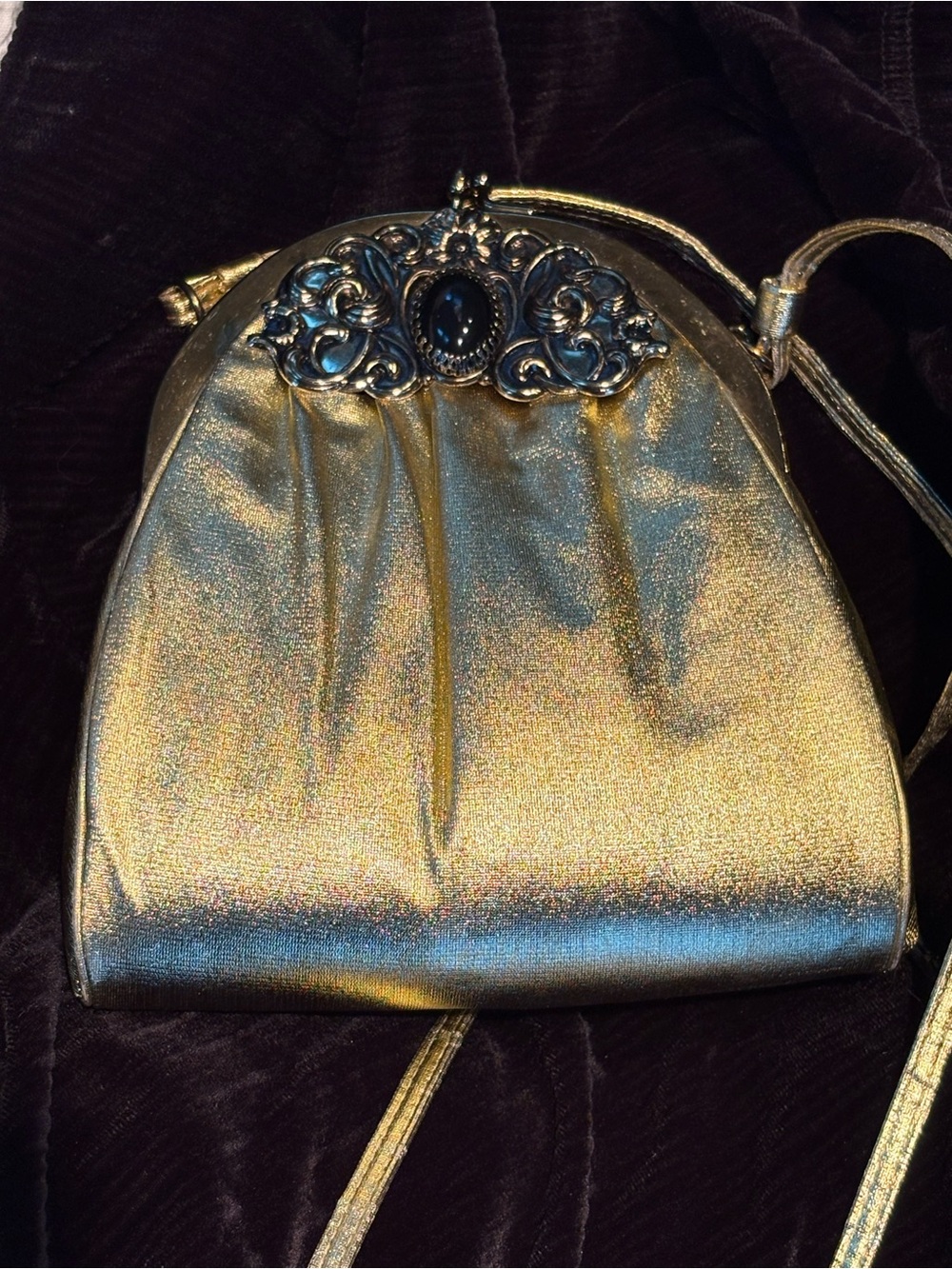 Vintage Harry Levine Gold Lame Purse Metal scroll Dog Tooth Onyx Colored Stone